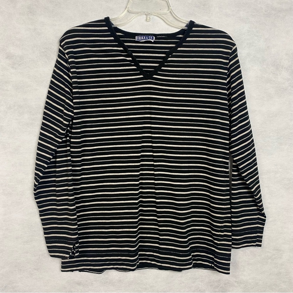 Black and White Striped V-Neck Top